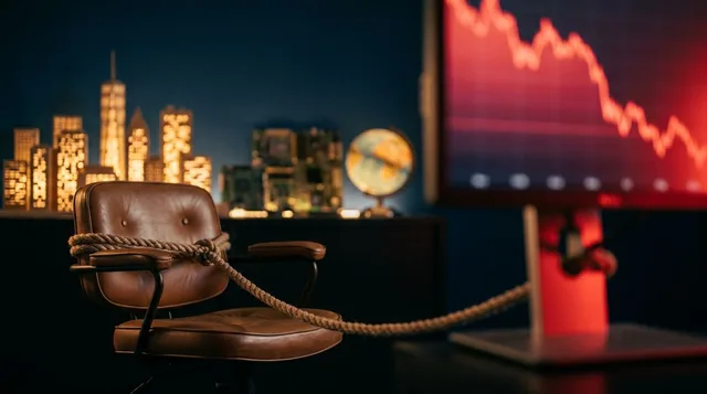 A trader sits frozen at a desk, staring at a glowing red stock chart on a monitor, with chains or ropes subtly binding their wrists to the screen. The room around them is dim while bright opportunities visually glow and fade in the background, out of reach. The overall mood conveys being mentally trapped — stuck in place while the market moves on without them.