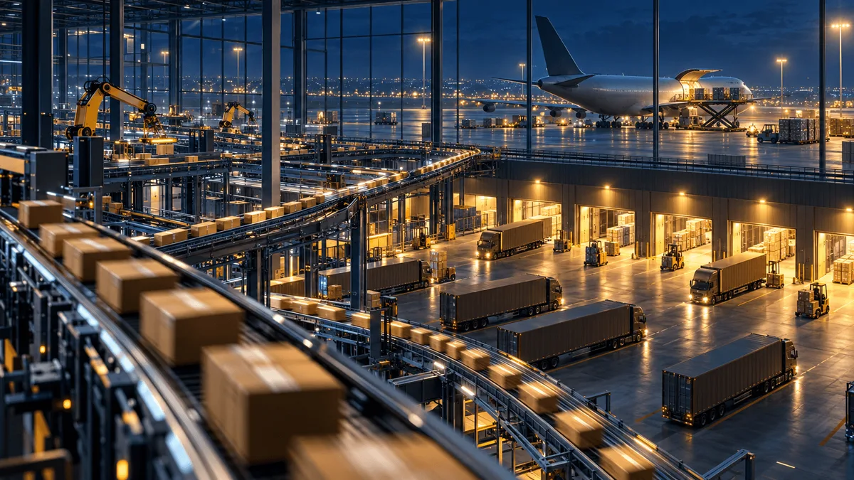 Wide nighttime view inside a large automated package-delivery hub, showing aligned delivery trucks, overhead conveyor and sorting systems moving parcels, and a cargo plane being loaded in the background, illustrating coordinated logistics growth.