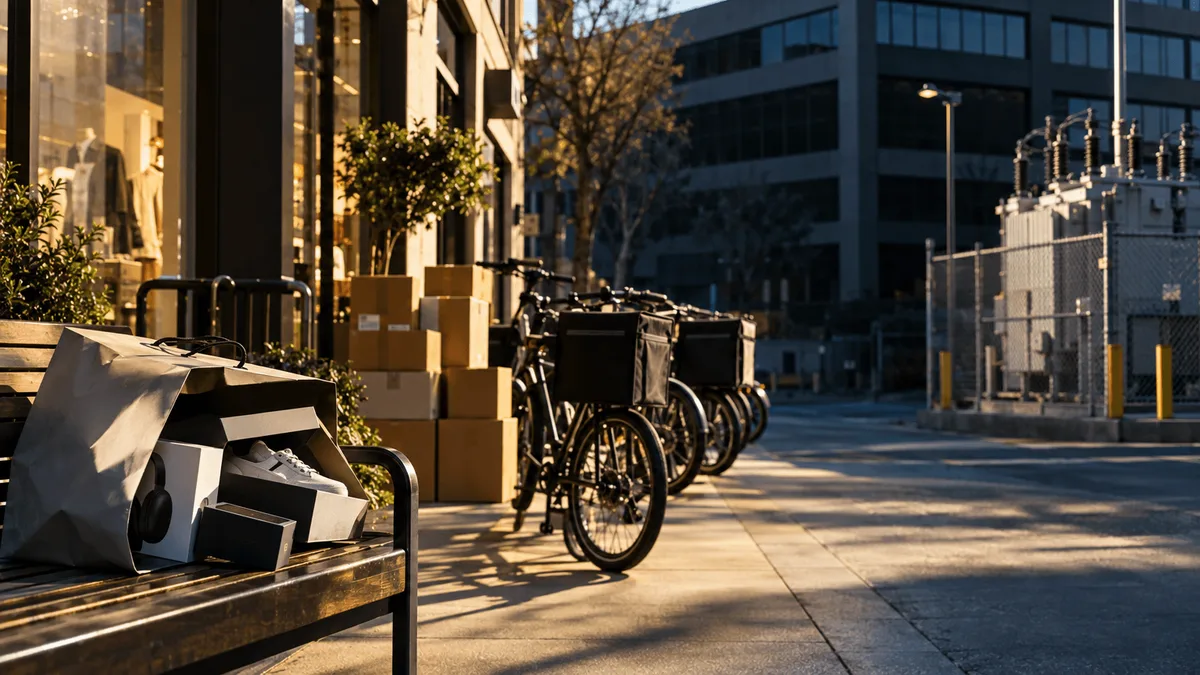 A sunlit retail shopping district at street level: rows of parked delivery bicycles and stacked moving boxes outside a storefront entrance, a half-open shopping bag spilling a sneaker box and electronics packaging onto a bench.