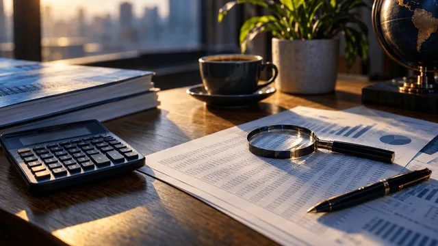 A single calculator sits on a wooden desk beside a stack of annual report printouts, a coffee cup, and a magnifying glass resting on a page of dense financial figures.