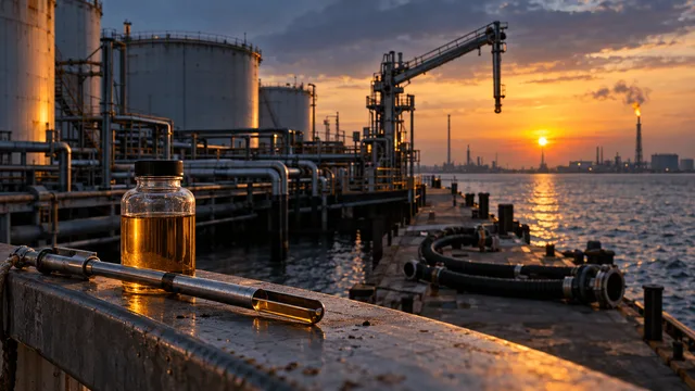 A tanker berth at dusk: a squat, weathered fuel-storage tank farm with looping pipework and a single loading arm extended toward an empty dock, coils of thick rubber hose lying disconnected on the concrete.
