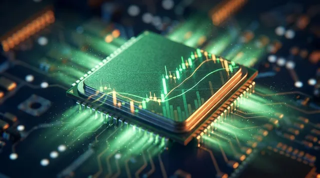 A close-up of the iconic green Nvidia GPU chip or logo dramatically lit against a dark background, with glowing upward-trending stock chart lines and candlestick patterns reflected across its surface.