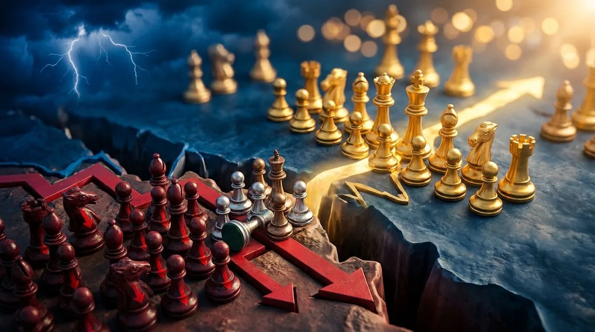 A dramatic aerial view of a financial battlefield showing two opposing armies of chess pieces on a stock market chart landscape, with red "short" pieces overwhelming one side while larger golden pieces representing institutional money loom powerfully in the background. The chart terrain beneath them shows volatile peaks and valleys with bold red downward arrows being countered by surging upward momentum. The lighting is tense and cinematic, with dark storm clouds on one side giving way to a brig