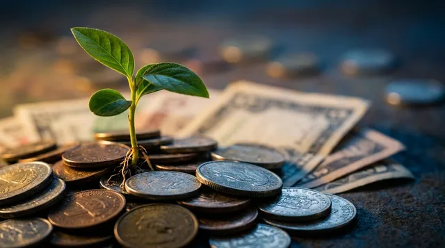 A close-up of a small green seedling sprouting from a handful of coins or a tiny pile of cash, set against a clean, softly blurred background. The image conveys patience and organic growth, emphasizing that small beginnings have real potential without the need to rush. Warm, natural lighting reinforces a sense of calm, disciplined progress rather than urgency or pressure.