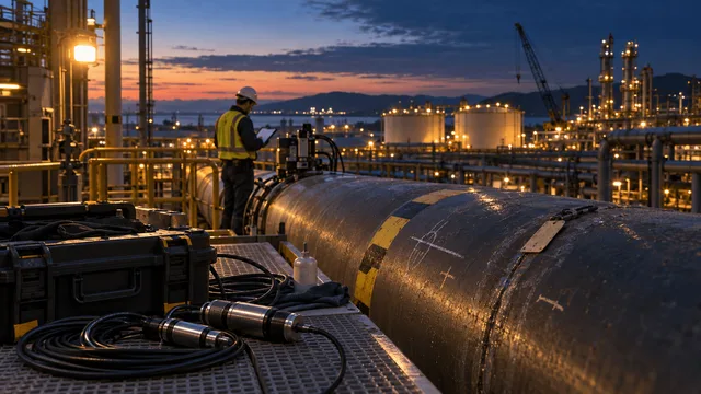 An industrial inspection site at dusk with technicians examining pipeline equipment, framed against a large energy/manufacturing complex lit by floodlights.