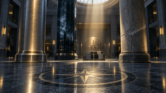 A grand bank lobby with three symbolic pillars—steel, glass, and concrete—lit by a single shaft of light falling on ledgers and a vault door, evoking steady core growth amid volatile trading and softer mortgage conditions.
