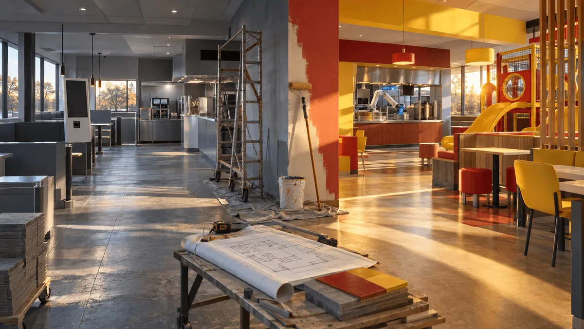 A restaurant interior mid-renovation, transitioning from a plain gray modern fast-food design on one side to a warmer, playful redesign with a small indoor playground and glowing automated kitchen equipment on the other, with construction tools bridging the two halves.