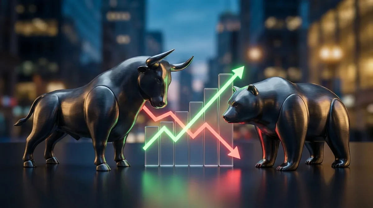 A dramatic split composition showing a powerful bull and bear facing each other head-on, with a glowing stock market chart displayed between them — one side trending upward in green light, the other declining in red. The animals are rendered in a sleek, modern financial aesthetic against a dark background, with the tension between them visually representing the market's conflicting signals. The overall mood should feel intense and balanced, neither side clearly winning, capturing the uncertainty