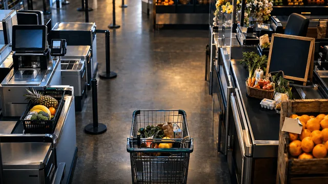 A grocery store checkout line viewed from above, where a shopper weighs two paths: a fast self-checkout kiosk with a short queue versus a cashier lane with a handwritten chalkboard sign reading "price match guaranteed," baskets of produce s
