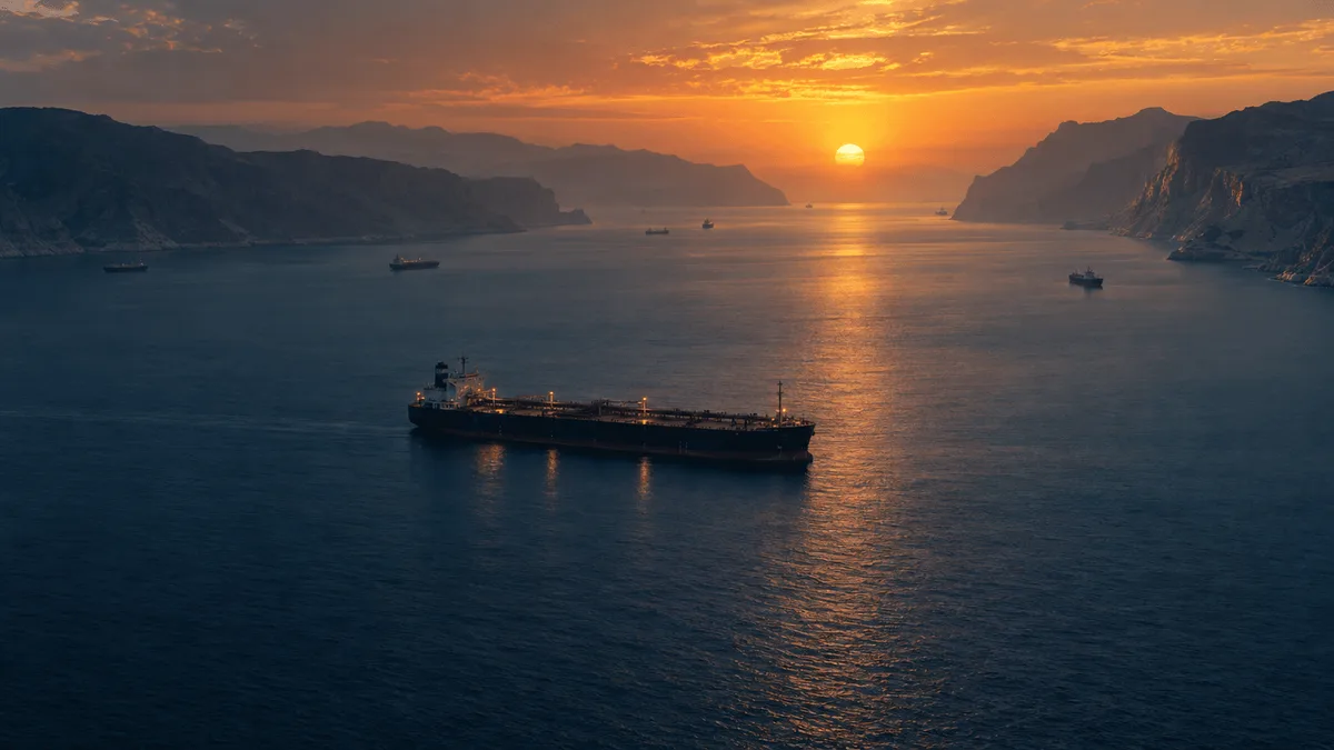 Aerial dusk view of the Strait of Hormuz with a single tanker stationary in the narrow channel and sparse ships in the distance, evoking reduced shipping traffic.