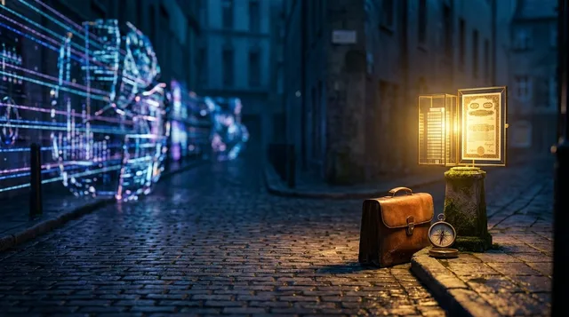 A lone trader stands at a fork in the road, turning away from a large glowing stock market index display showing a chaotic, fragmented chart, and instead facing a single illuminated company building or stock certificate. The scene captures the moment of deliberate redirection — the broad market receding in the background while a focused, singular opportunity comes into sharp light ahead. The contrast between the overwhelming noise of the index and the clarity of one specific target creates an im
