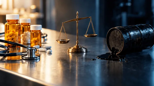 A clean still life on a clinical steel countertop: amber pill bottles and a stethoscope arranged neatly in sharp light on one side, while the opposite end of the frame shows a toy oil barrel tipped on its side with a few drops of dark oil p