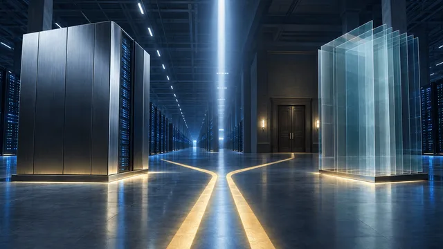 Editorial illustration of a data center hall with two abstract architectural structures—one solid, one transparent—flanked by server racks and distant courtroom-style doors, symbolizing corporate infrastructure investment alongside legal liabilities.