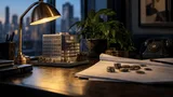 A tabletop still life on a dark walnut desk: a small architectural model of a modern office building sits beside a brass desk lamp, its warm light pooling over a stack of blank blueprint paper and a scattered handful of silver coins.