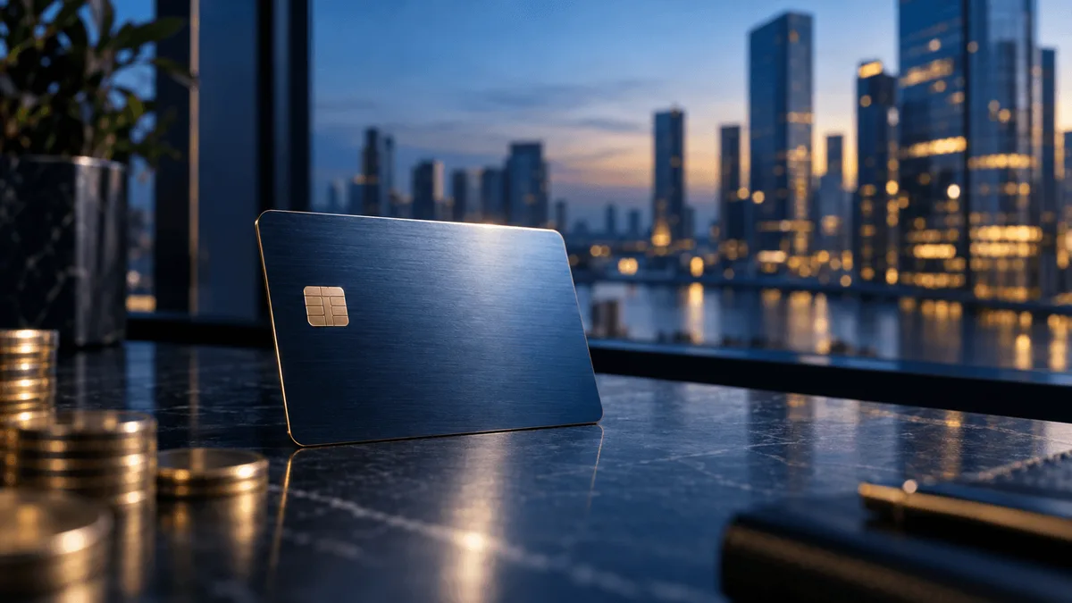 A metallic charge card and softly blurred city skyline at dusk, styled as a clean financial editorial still-life with no text or logos.