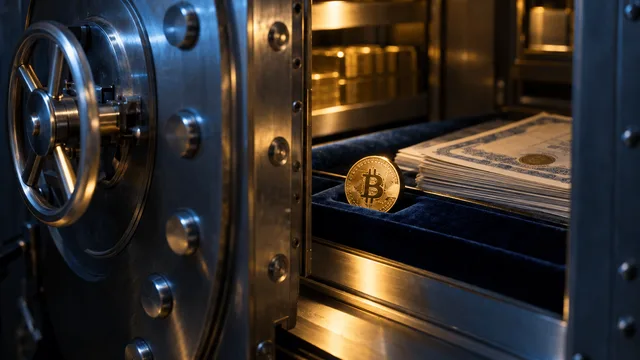 A steel bank vault door stands half-open, and just inside sits a small gold-plated coin engraved with a stylized "B," resting on a velvet-lined tray next to a neat stack of paper stock certificates.