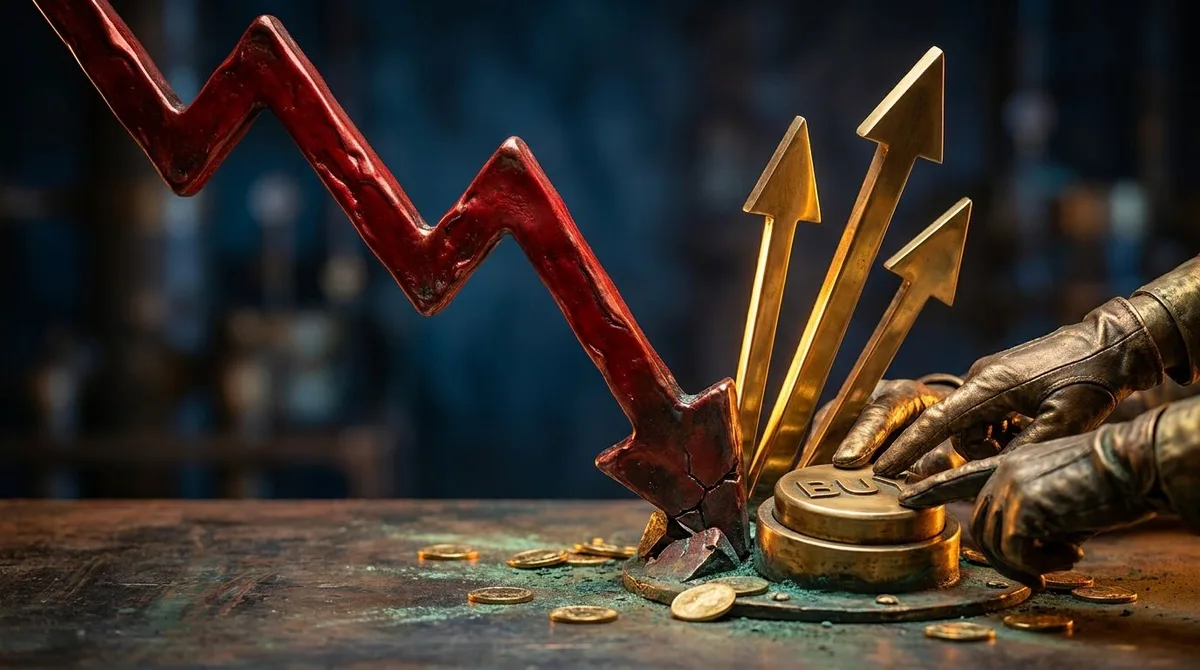 A dramatic stock chart line plummeting sharply downward toward a floor price of $4, rendered in deep red, with several bold upward arrows suddenly piercing through the bottom — symbolizing the reversal signal.