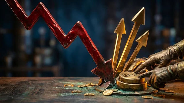 A dramatic stock chart line plummeting sharply downward toward a floor price of $4, rendered in deep red, with several bold upward arrows suddenly piercing through the bottom — symbolizing the reversal signal.