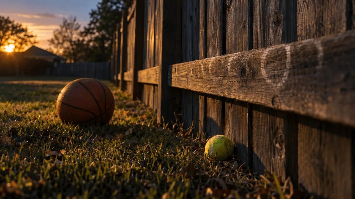 A weathered wooden fence line stretches across a quiet backyard at dusk, its top rail worn smooth where a basketball has repeatedly bounced off and returned, leaving faint pale marks along the wood grain.