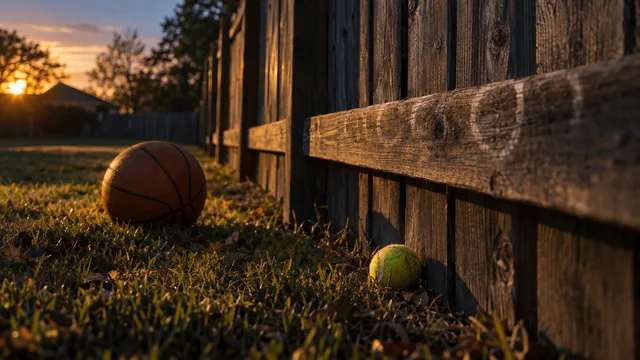 A weathered wooden fence line stretches across a quiet backyard at dusk, its top rail worn smooth where a basketball has repeatedly bounced off and returned, leaving faint pale marks along the wood grain.