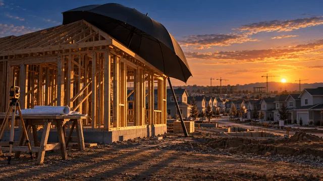 An unfinished wooden house frame at dusk in a suburban development, with a large open black umbrella leaning against it and rows of finished homes stretching into the background under a warm sunset sky.