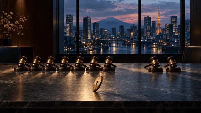 A formal wood-paneled boardroom table holds seven aligned gavels and two separated ones, symbolizing a split vote, with a lone coin balanced on its edge in the foreground and a dusk Tokyo skyline visible through glass panels behind.