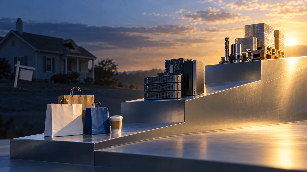A rising steel staircase holds shopping bags, computer hardware, and shipping pallets at increasing heights, lit with warm golden light, while a shadowed house sits in the background symbolizing lagging housing investment.