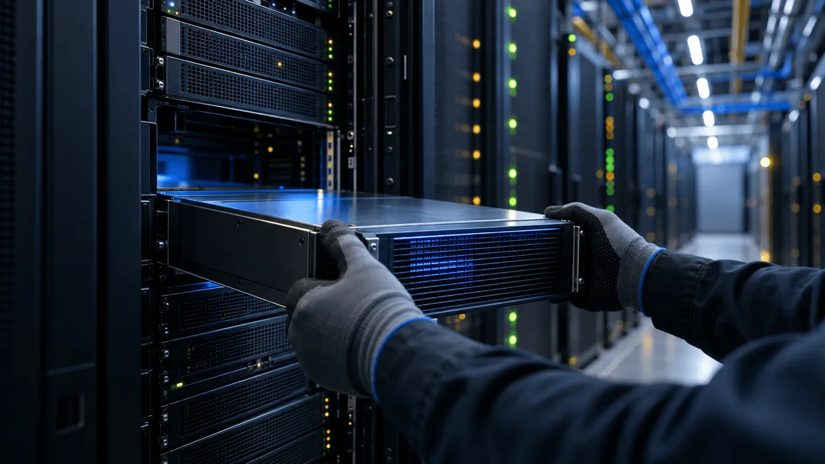 A technician installs a new, unmarked server chassis into a data-center rack, surrounded by rows of glowing servers and overhead cabling.