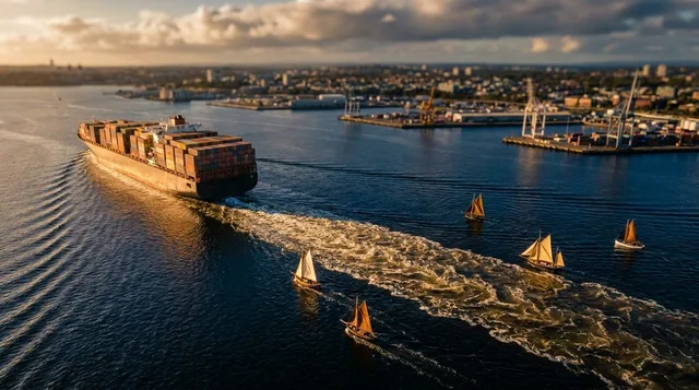 A powerful visual of a massive cargo ship navigating through a harbor surrounded by small sailboats, shot from an aerial perspective to emphasize the dramatic size contrast.