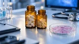 Two unlabeled amber pill bottles standing side by side on a lab bench with a blurred petri dish and clinical monitor in the background, symbolizing a combination cancer therapy under regulatory review.