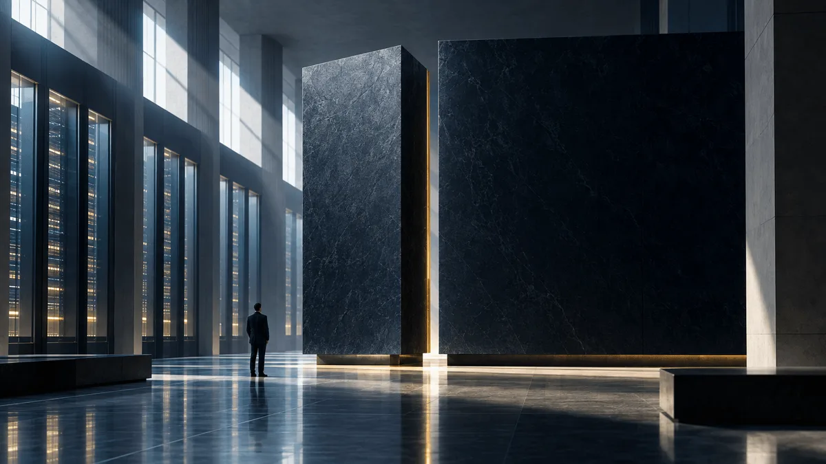 Editorial illustration of a grand stone-and-glass institutional interior where one dark monolithic block stands apart from a larger adjoining structure, symbolizing a corporate division considering the separation of one of its data units.