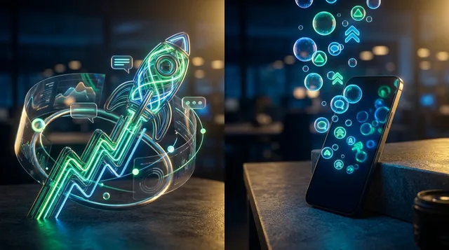 A split-screen composition showing a rocket-shaped stock chart surging upward on one side, while the other side displays a glowing smartphone screen filled with cascading social media notification bubbles and Reddit-style upvote arrows.