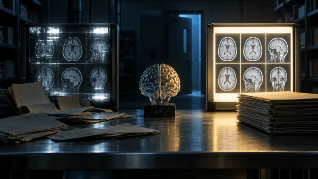 A darkened research archive with two lightboxes—one flickering and surrounded by thinning patient folders, the other steady and orderly—flanking a glass brain sculpture half lit and half shadowed, with a distant door open to a cold blue light.