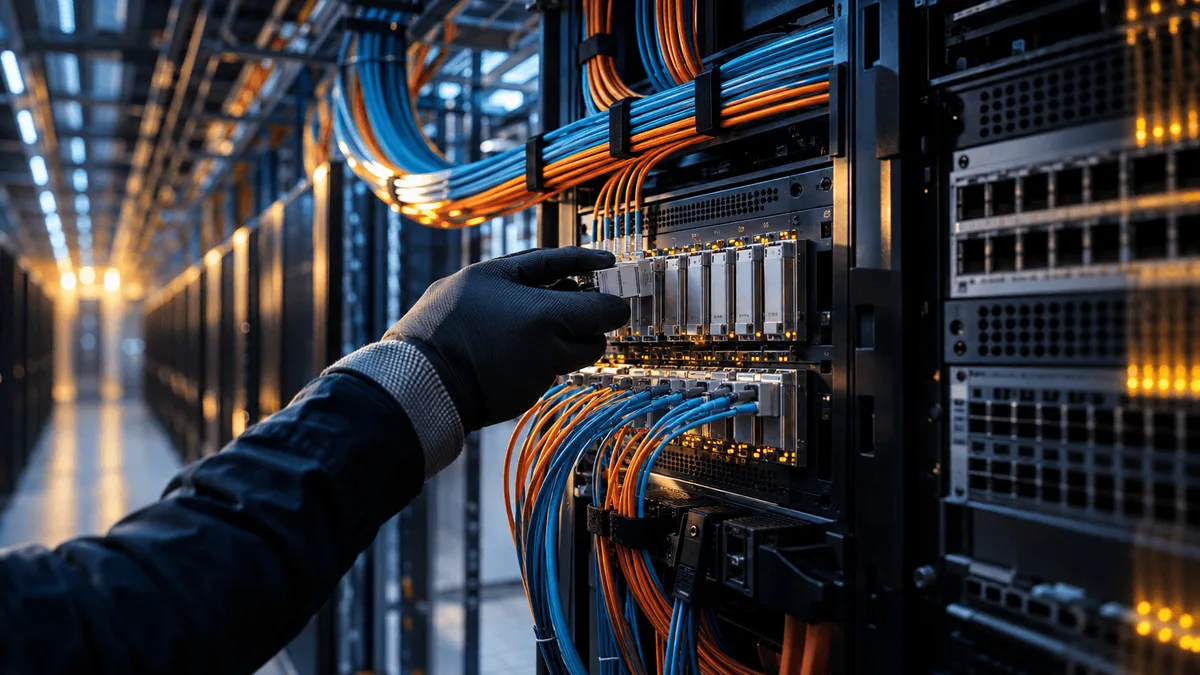 Inside a cavernous data center hall, a technician's hand plugs a row of small rectangular silver modules into the faceplate of a rack-mounted switch, dozens of thin fiber-optic patch cables in orange and blue arcing neatly into overhead cab