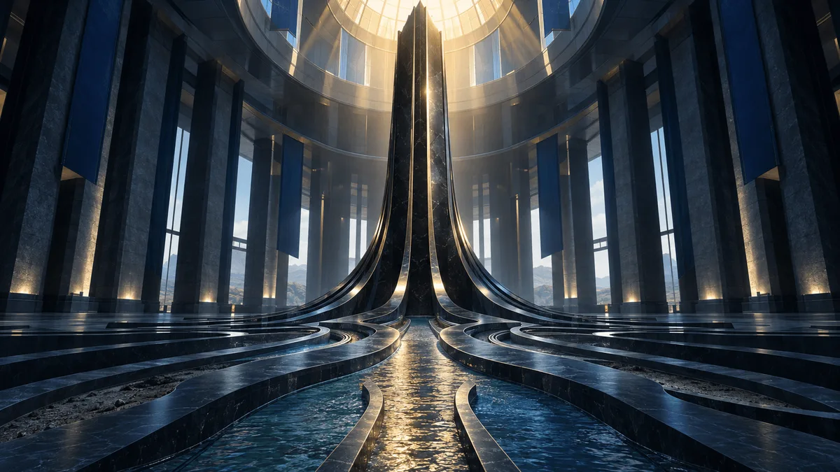 A grand steel atrium where many sculpted channels of flowing metal converge into one massive obsidian pillar lit by golden skylight, symbolizing capital inflows consolidating into a dominant financial institution.