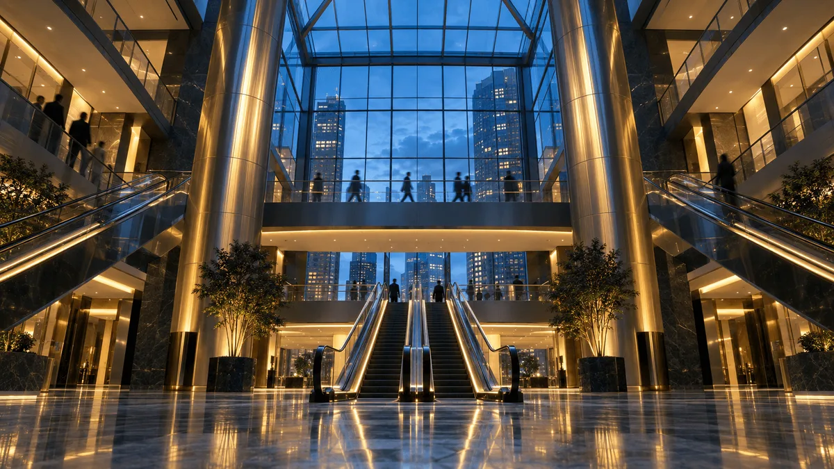 Wide architectural view of a modern bank headquarters atrium with glass skylight, polished marble floors, and converging escalators bathed in warm amber and cool blue dusk light.