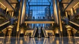 Wide architectural view of a modern bank headquarters atrium with glass skylight, polished marble floors, and converging escalators bathed in warm amber and cool blue dusk light.