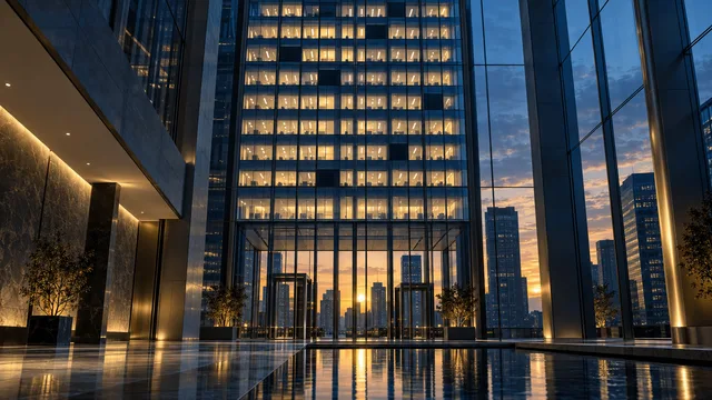 Low-angle view of a modern glass office tower at dusk, with a handful of window panels dark among many lit floors, symbolizing a corporate workforce reduction.