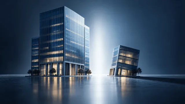 Two abstract architectural models on a reflective surface pulling apart from each other, symbolizing a large company separating into two independent entities.