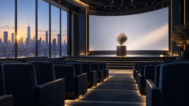 An empty, softly lit New York conference stage with a podium and blank curved screen, city skyline visible through windows at dawn, symbolizing an upcoming corporate investor event.