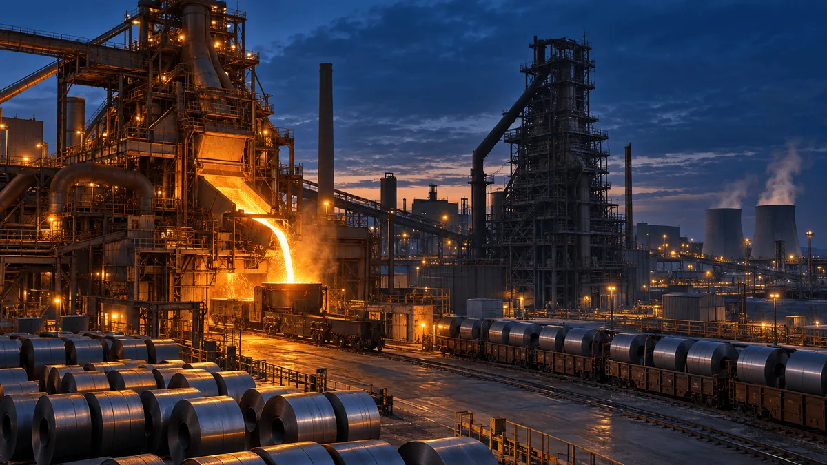 Wide view of a steel mill at dusk with an active blast furnace pouring molten steel beside an idled, scaffolded furnace structure, with stacked steel coils and rail cars in the foreground.