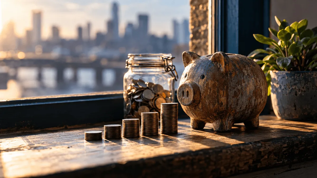 A weathered wooden piggy bank sits on a sunlit windowsill beside a small potted succulent, with a neat stack of coins arranged in ascending rows leading toward it.