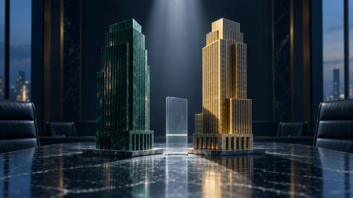 Editorial still-life of two facing architectural model towers, one in deep green and one in gold tones, their bases overlapping slightly with a glass threshold marker between them and a single spotlight beam highlighting where their shadows meet.