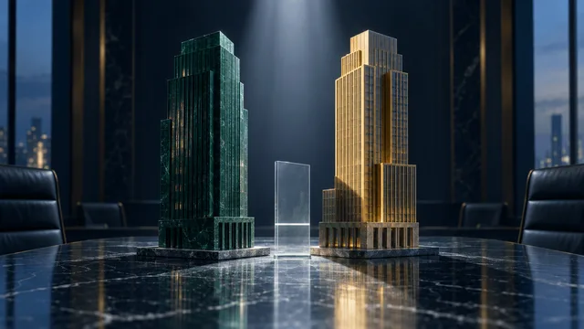 Editorial still-life of two facing architectural model towers, one in deep green and one in gold tones, their bases overlapping slightly with a glass threshold marker between them and a single spotlight beam highlighting where their shadows meet.