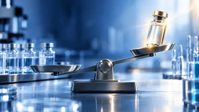 A laboratory scale tilts upward with a single glass medical vial outweighing the other side, set among softly lit rows of vials in a clinical blue-white lab environment.