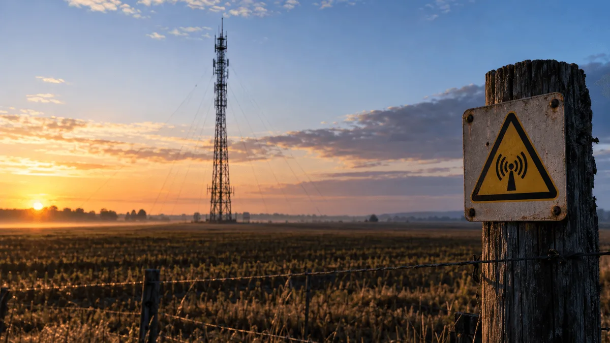 Picture a flat, unremarkable stretch of farmland at dawn, a single tall steel transmission tower standing alone among the rows, its guy-wires taut against the pale sky.