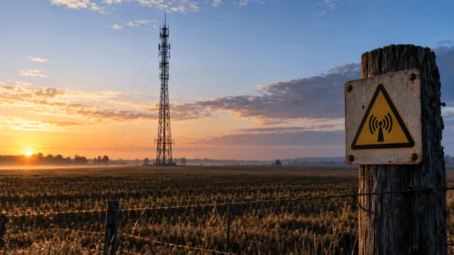 Picture a flat, unremarkable stretch of farmland at dawn, a single tall steel transmission tower standing alone among the rows, its guy-wires taut against the pale sky.