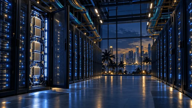 A dim, expansive data center hall with rows of glowing server racks holding AI chips, one rack open in the foreground, with a tropical city skyline visible through windows at dusk.