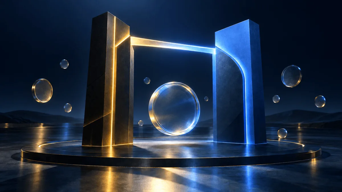 Abstract editorial illustration of two connected monolithic structures—one dark with gold accents, one blue—linked by a beam of light, with a glowing coin-like glass disc floating between them, symbolizing a corporate investment and stablecoin promotion partnership.