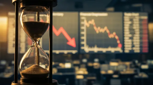 A split-screen financial display showing stock market ticker boards with downward red arrows and falling graph lines, bathed in a tense, muted atmosphere of amber and grey tones.